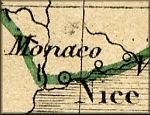 carte geographique ancienne de 1843, ancetre de la carte routiere, de la principaute de Monaco - Monaco est alors un protectorat du royaume de Piemont Sardaigne proprietaire aussi du comte de Nice